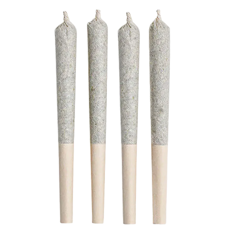 Close-up front view of four upright Little Red PR 4 x 0.5 g pre-rolled cones with twisted tips and light wooden filters against a white background