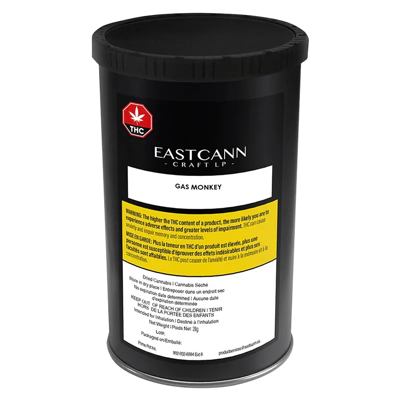 Front three-quarter view of an Eastcann Craft LP Gas Monkey black cylindrical container with a white label and yellow warning panel.