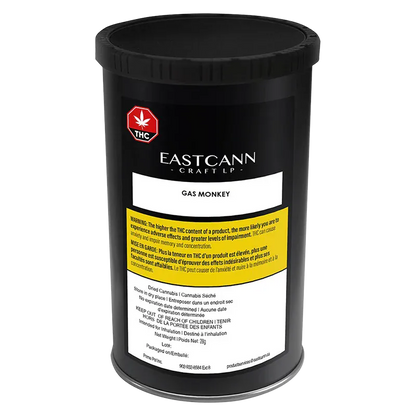 Front three-quarter view of an Eastcann Craft LP Gas Monkey black cylindrical container with a white label and yellow warning panel.