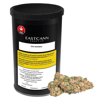 Front-facing view of the black Eastcann Craft LP Gas Monkey canister with a white label and a cluster of green-orange buds at its base.