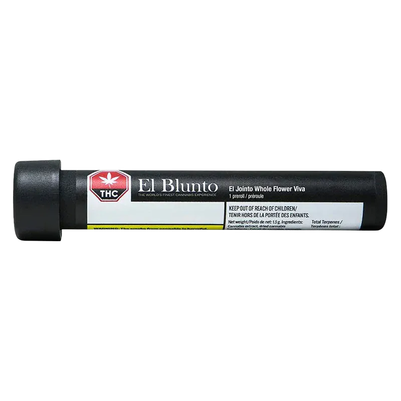 Horizontal studio shot of the black tube packaging labeled El Jointo Viva PR 1 x 1.5 g with a white El Blunto logo and THC icon.
