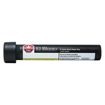 Horizontal studio shot of the black tube packaging labeled El Jointo Viva PR 1 x 1.5 g with a white El Blunto logo and THC icon.