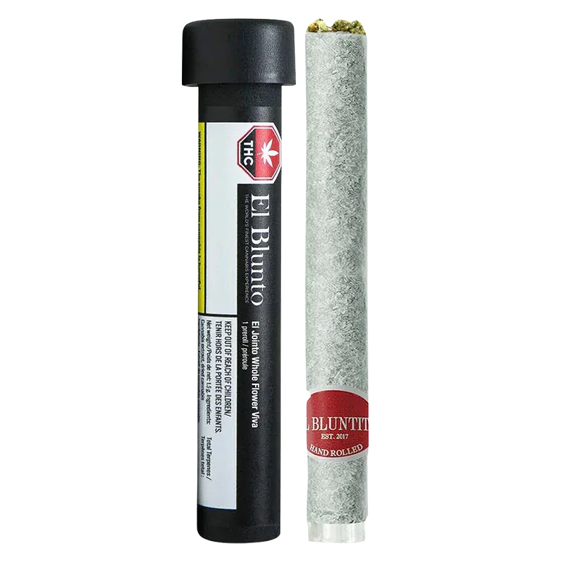 Center-framed front view of the El Jointo Viva PR 1 x 1.5 g showing a black cylindrical tube with label beside a gray hand-rolled joint with a red band.