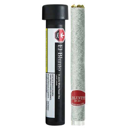 Center-framed front view of the El Jointo Viva PR 1 x 1.5 g showing a black cylindrical tube with label beside a gray hand-rolled joint with a red band.