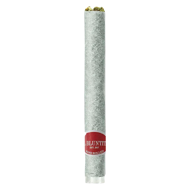 Vertical studio shot of an El Jointo Viva PR 1 x 1.5 g pre-roll showing the textured gray paper, exposed green flower at the tip, and a red branded band near the base.