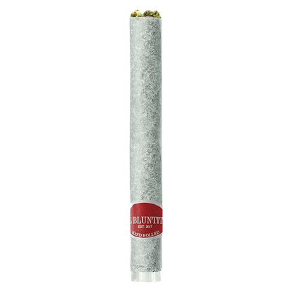 Vertical studio shot of an El Jointo Viva PR 1 x 1.5 g pre-roll showing the textured gray paper, exposed green flower at the tip, and a red branded band near the base.