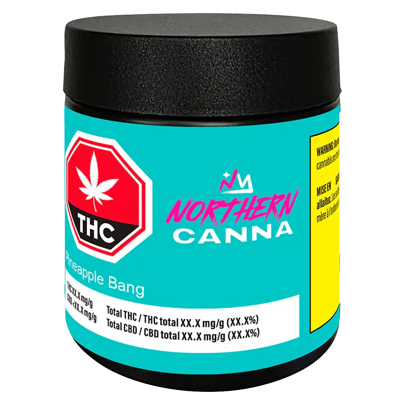 Angled front view of a turquoise Northern Canna Pineapple Bang jar with a black lid, THC emblem, and a yellow warning label on the side.