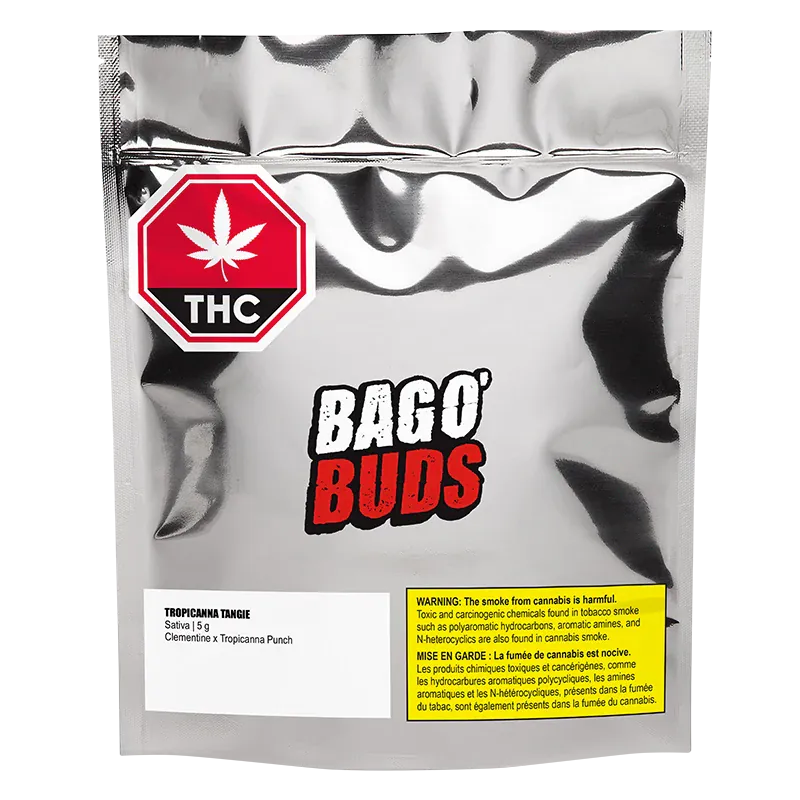 Front-facing shot of a metallic bag labeled with BAGO' BUDS and the Tropicanna Tangie product name, plus THC and warning stickers.