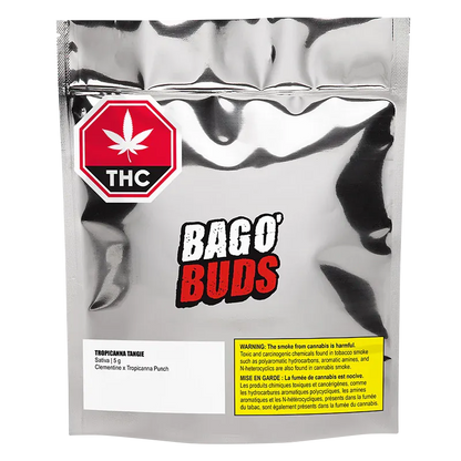 Front-facing shot of a metallic bag labeled with BAGO' BUDS and the Tropicanna Tangie product name, plus THC and warning stickers.