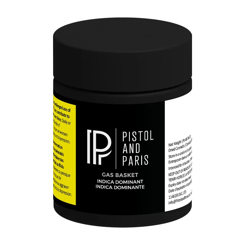 Front three-quarter view of the black Pistol and Paris Gas Basket jar with bold white logo and yellow warning panel.