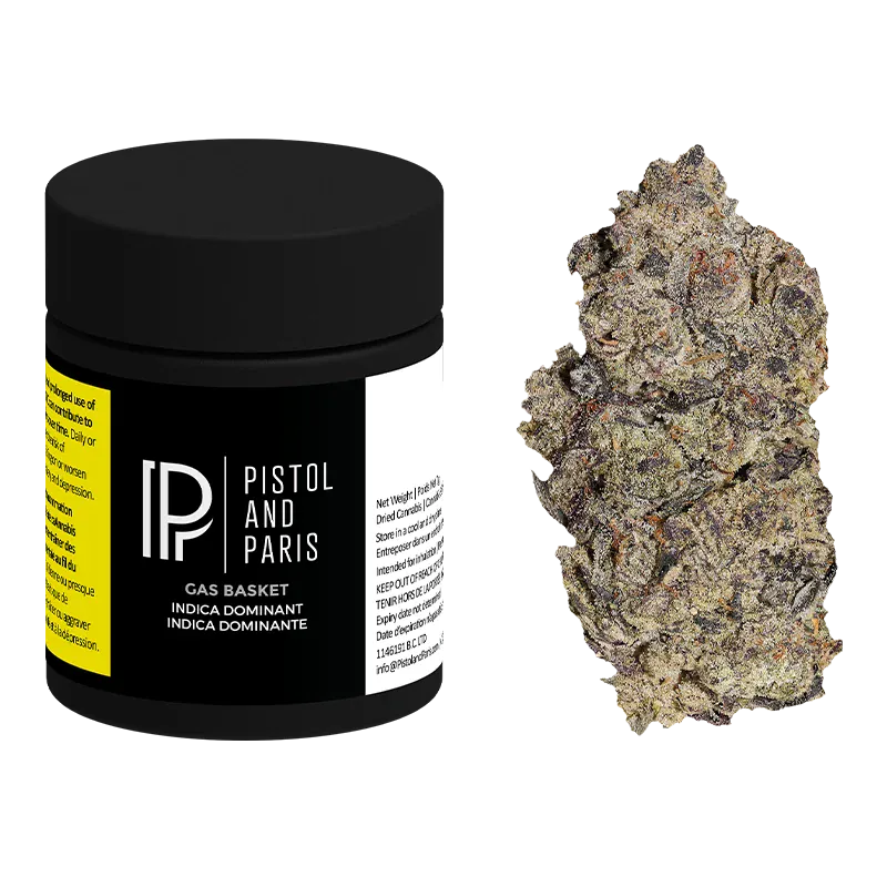 Front view of a black Pistol and Paris Gas Basket jar with its logo and label visible, shown beside a single frosty cannabis bud.