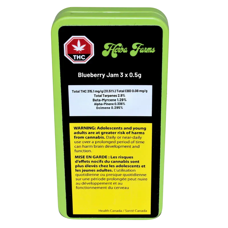 Straight-on view of the lime-green tin labeled "Herba Farms Blueberry Jam 3 x 0.5 g" showing black top panel, THC symbol, terpene table, and a yellow bilingual warning block.