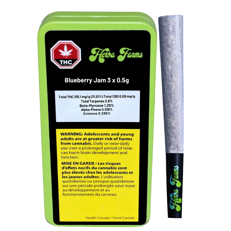 Front-facing tin and single pre-roll on white background showing the green-and-black Herba Farms Blueberry Jam 3 x 0.5 g label and warning panel.