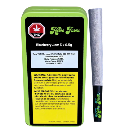 Front-facing tin and single pre-roll on white background showing the green-and-black Herba Farms Blueberry Jam 3 x 0.5 g label and warning panel.