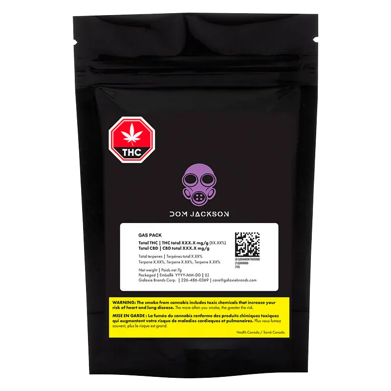Front view of the black Dom Jackson Gas Pack pouch with purple gas mask logo, THC symbol and white product label.