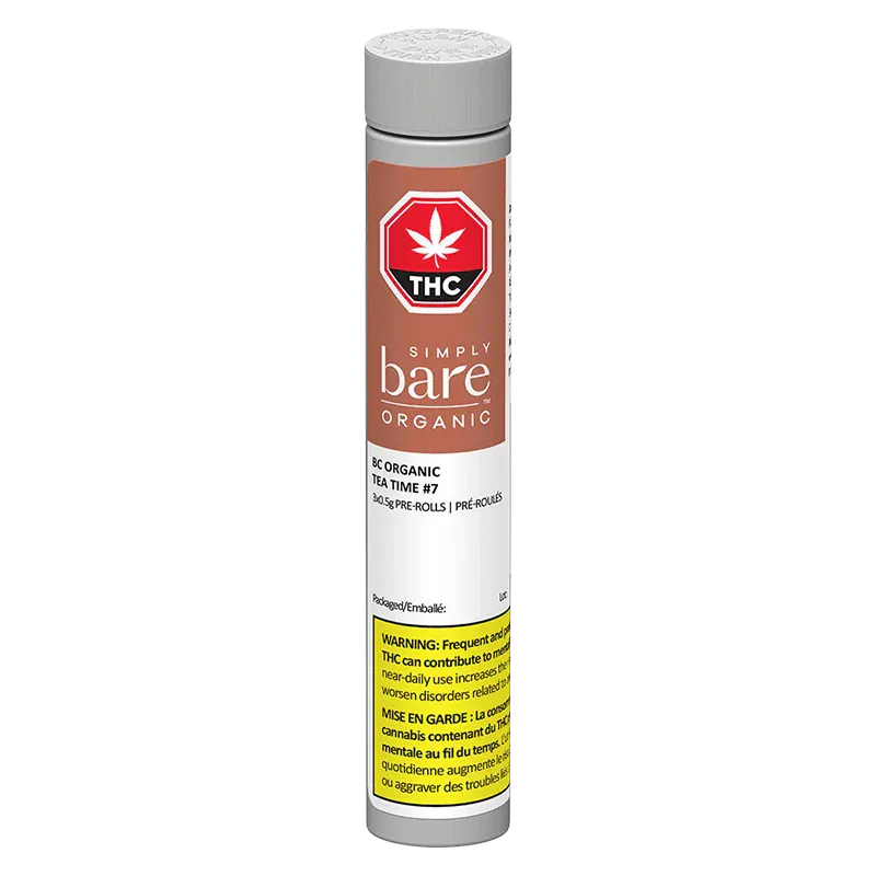 Tall front-facing cylinder of BC Organic Tea Time PR 3 x 0.5 g with a tan label, white cap, and visible THC emblem.