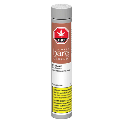 Tall front-facing cylinder of BC Organic Tea Time PR 3 x 0.5 g with a tan label, white cap, and visible THC emblem.