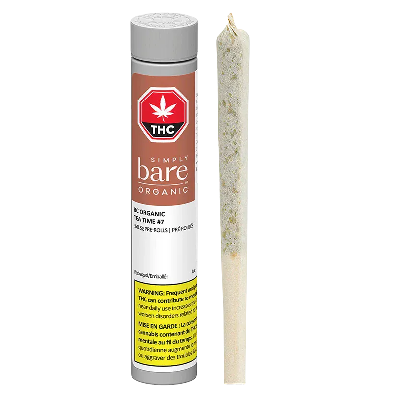 Front-facing shot of the BC Organic Tea Time PR 3 x 0.5 g tube standing next to a single pre-rolled joint on a white background.