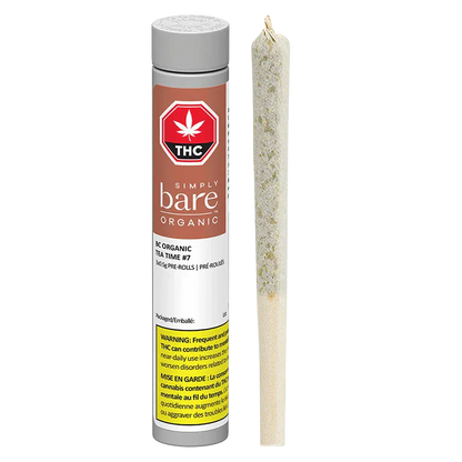 Front-facing shot of the BC Organic Tea Time PR 3 x 0.5 g tube standing next to a single pre-rolled joint on a white background.