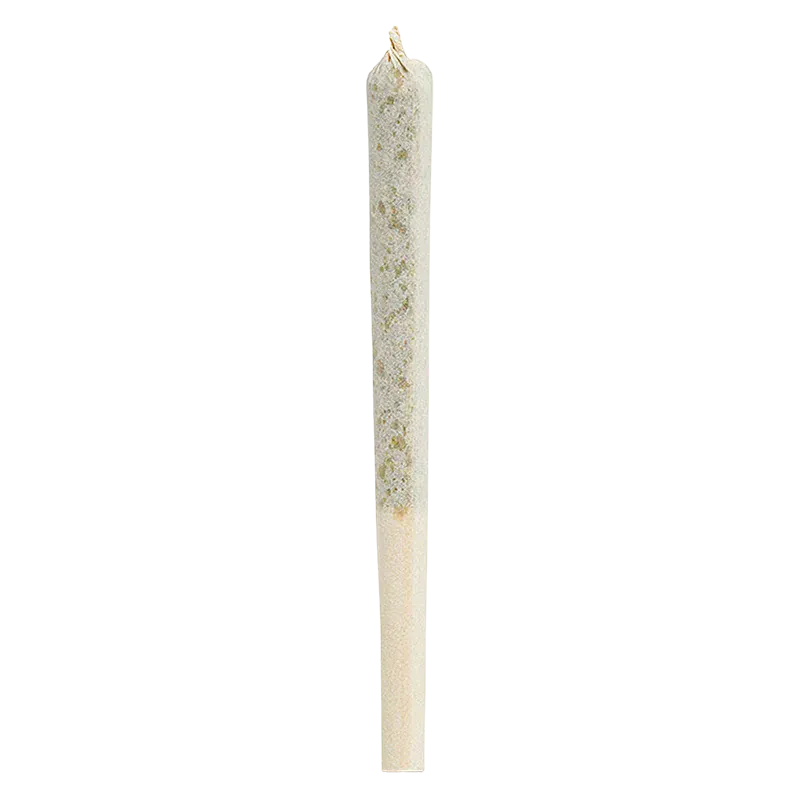 Vertical close-up of a single pre-rolled joint against white background showing the textured paper and twisted tip, labeled BC Organic Tea Time PR 3 x 0.5 g