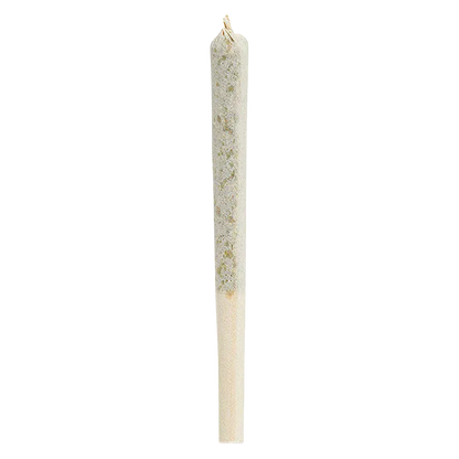 Vertical close-up of a single pre-rolled joint against white background showing the textured paper and twisted tip, labeled BC Organic Tea Time PR 3 x 0.5 g