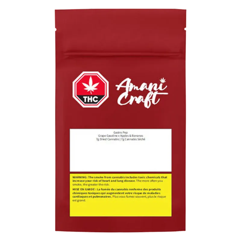 Front-facing pouch shot of the red Amani Craft Gastro Pop bag with a white logo, THC badge, blank white label and yellow warning box.