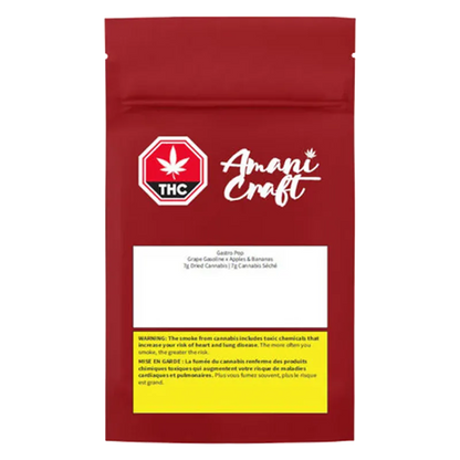 Front-facing pouch shot of the red Amani Craft Gastro Pop bag with a white logo, THC badge, blank white label and yellow warning box.