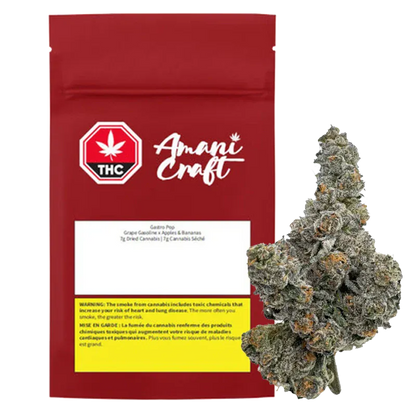 Front-facing red pouch with an Amani Craft logo beside a frosty, green-gray bud labeled Gastro Pop, shown against a white background.