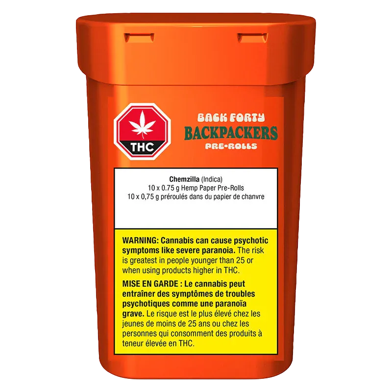 Front-facing shot of the orange Backpackers Chemzilla PR 10 x 0.75 g container with warning label and THC emblem visible.