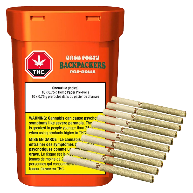 Three-quarter front view of an orange tub labeled Backpackers Chemzilla PR 10 x 0.75 g with ten hemp pre-rolls fanned beside it.