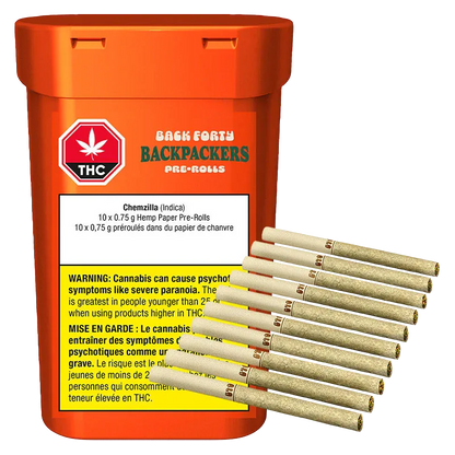 Three-quarter front view of an orange tub labeled Backpackers Chemzilla PR 10 x 0.75 g with ten hemp pre-rolls fanned beside it.