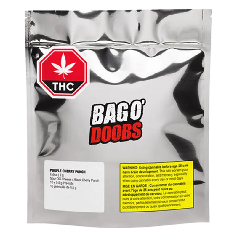 Front-facing silver foil pouch labeled "BAGO' DOOBS" with a red THC octagon and text "Purple Cherry Punch PR 10 x 0.5 g" visible on a small white sticker.