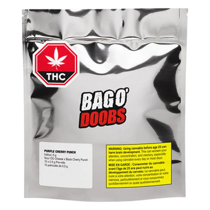 Front-facing silver foil pouch labeled "BAGO' DOOBS" with a red THC octagon and text "Purple Cherry Punch PR 10 x 0.5 g" visible on a small white sticker.
