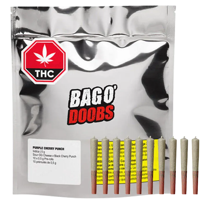 Front-facing silver pouch labeled "BAGO' DOOBS" with a row of nine pre-rolled joints in front, showing the Purple Cherry Punch PR 10 x 0.5 g packaging and warning label.