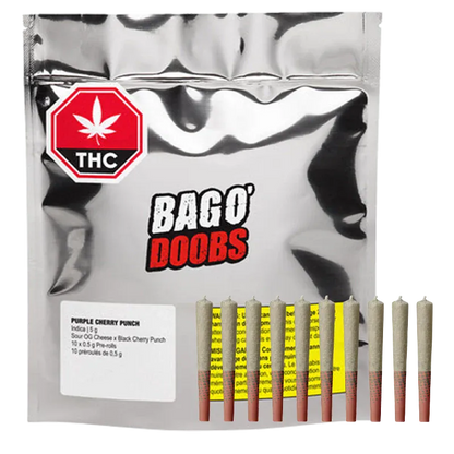 Front-facing silver pouch labeled "BAGO' DOOBS" with a row of nine pre-rolled joints in front, showing the Purple Cherry Punch PR 10 x 0.5 g packaging and warning label.