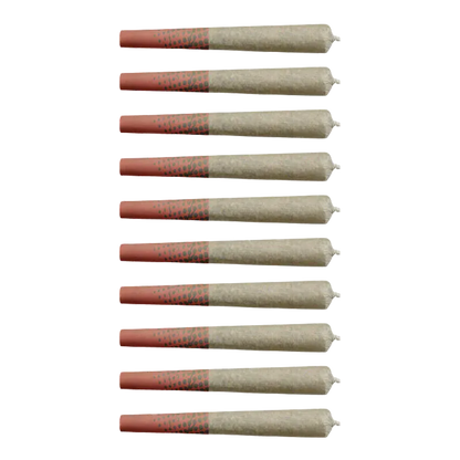 Grid of ten horizontally aligned pre-rolled joints photographed from above, each with a red patterned tip — Purple Cherry Punch PR 10 x 0.5 g.