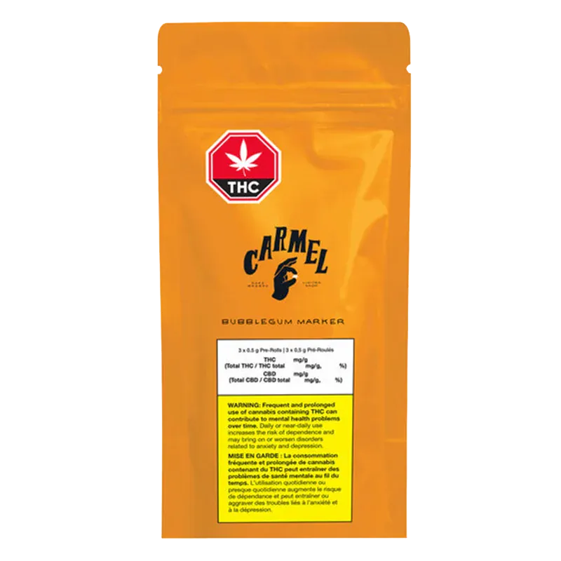 Front-facing shot of the orange pouch labeled Carmel Bubblegum Marker PR 3 x 0.5 g with a red THC symbol and a yellow warning panel.
