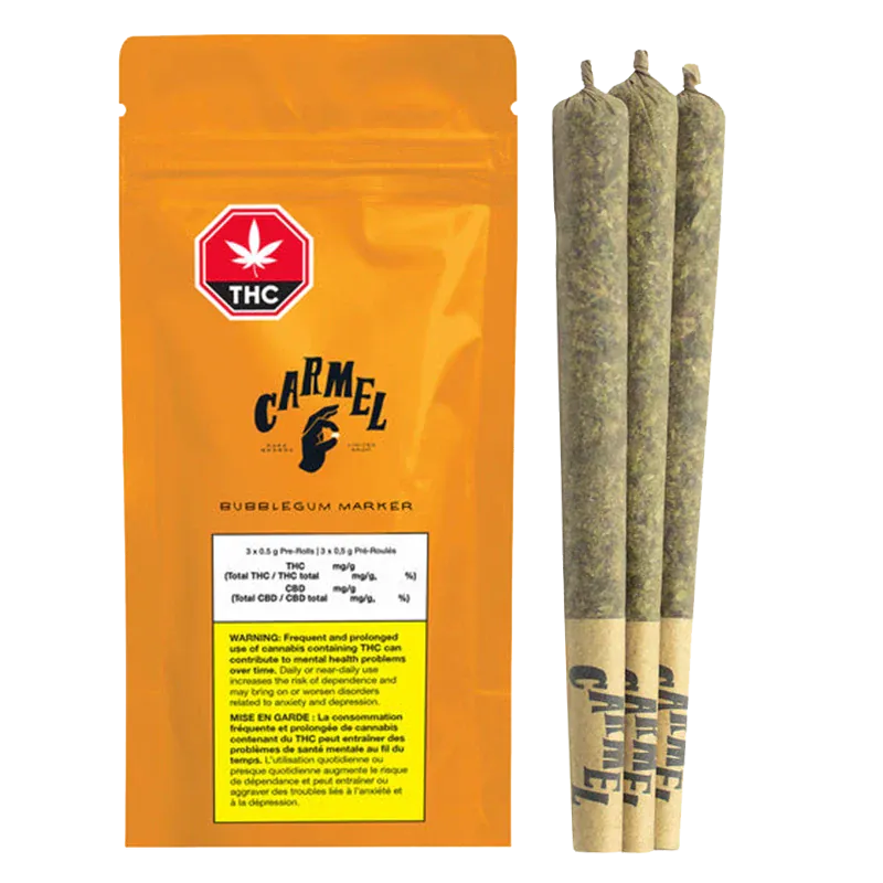 Front-facing shot of an orange pouch and three pre-rolls, labeled "Carmel Bubblegum Marker PR 3 x 0.5 g," against a white background.