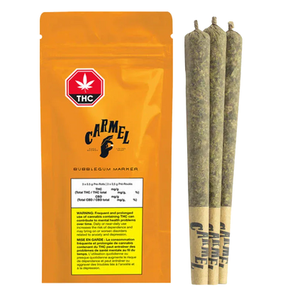 Front-facing shot of an orange pouch and three pre-rolls, labeled "Carmel Bubblegum Marker PR 3 x 0.5 g," against a white background.