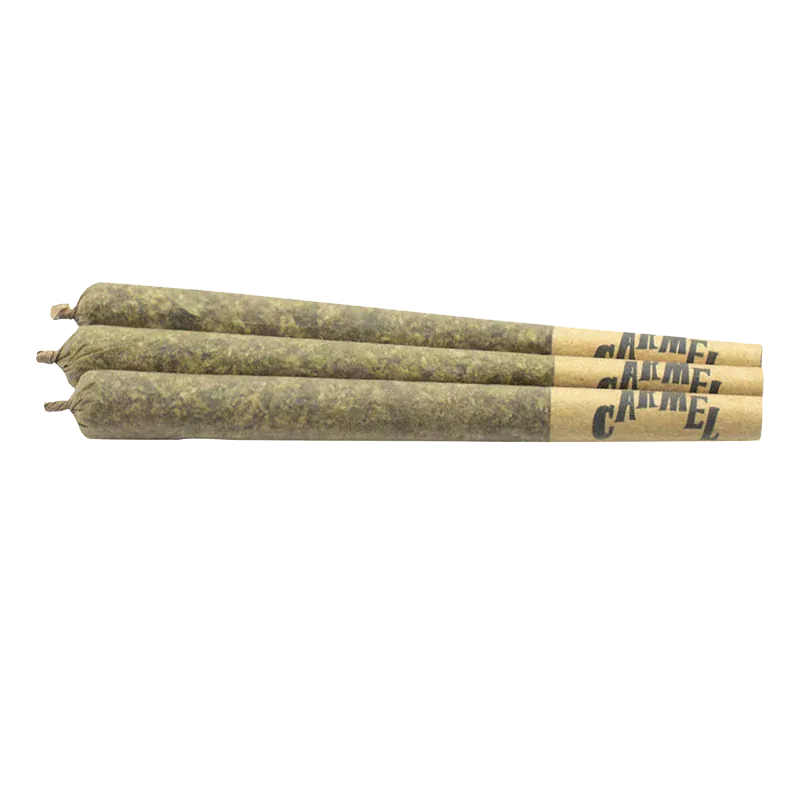 Three rolled joints lying parallel in a close side view labeled Bubblegum Marker PR 3 x 0.5 g with twisted tips and printed brown filters.