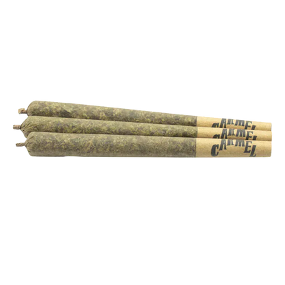 Three rolled joints lying parallel in a close side view labeled Bubblegum Marker PR 3 x 0.5 g with twisted tips and printed brown filters.