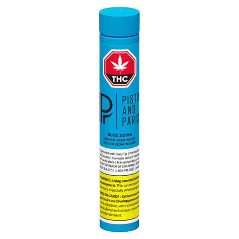Tall front view of the bright blue Blue Zushi PR 1 x 2 g tube standing upright with a red THC symbol and warning label.