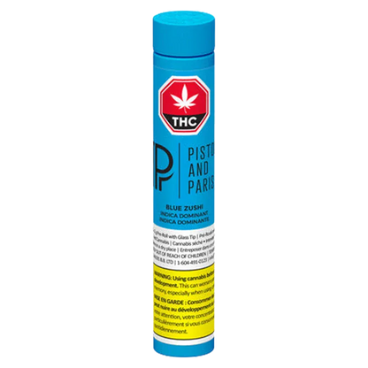 Tall front view of the bright blue Blue Zushi PR 1 x 2 g tube standing upright with a red THC symbol and warning label.