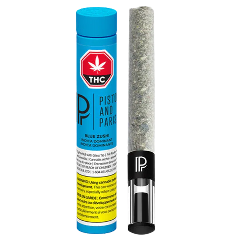 Vertical front view of a blue tube and matching pre-roll showing the Blue Zushi PR 1 x 2 g tube beside its clear-ended joint.
