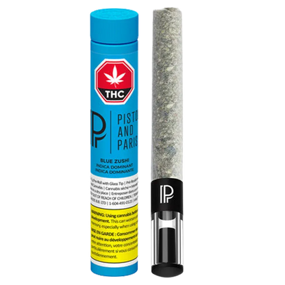 Vertical front view of a blue tube and matching pre-roll showing the Blue Zushi PR 1 x 2 g tube beside its clear-ended joint.