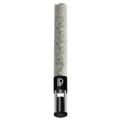 Straight-on view of a single Blue Zushi PR 1 x 2 g pre-roll with a textured gray paper and black mouthpiece bearing a white "P" logo.