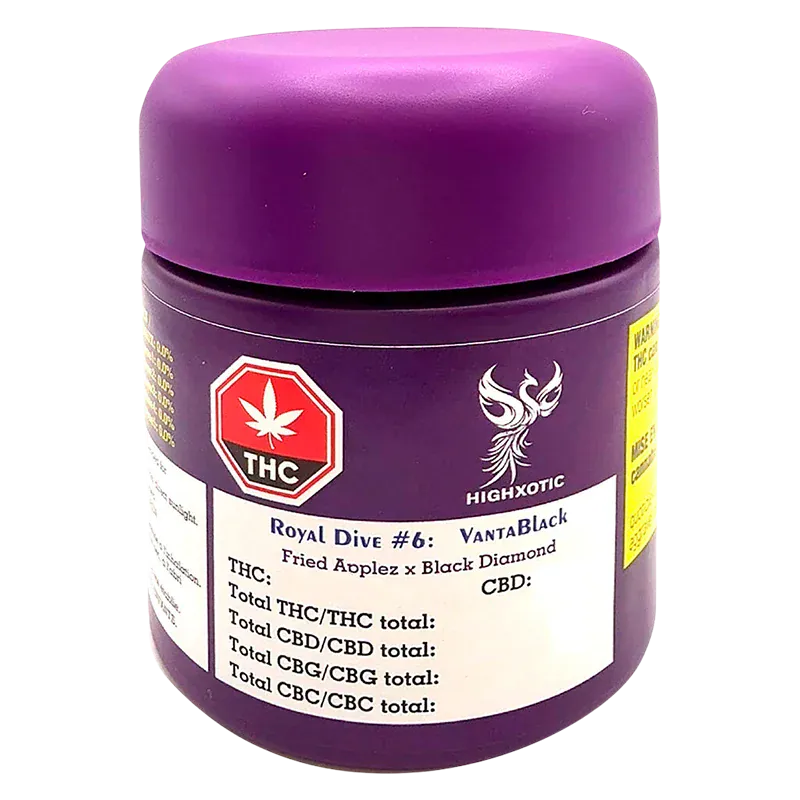 Front three-quarter view of a purple jar labeled "Royal Dive #6: VantaBlack" from Highxotic, showing the THC symbol and product details on a white panel.