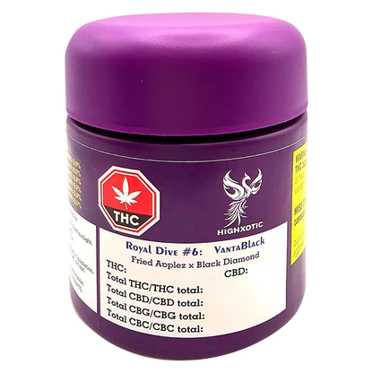 Front three-quarter view of a purple jar labeled "Royal Dive #6: VantaBlack" from Highxotic, showing the THC symbol and product details on a white panel.