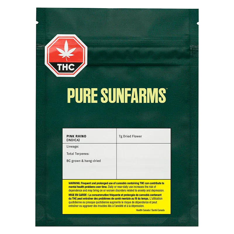 Front-facing shot of the Pure Sunfarms Pink Rhino pouch on a white background, dark green packaging with bold yellow logo.