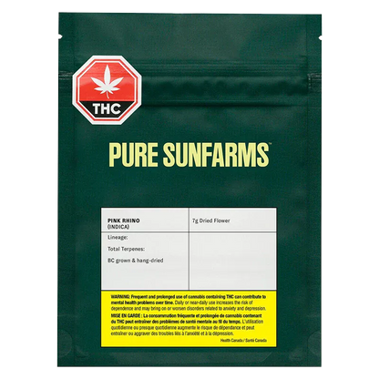 Front-facing shot of the Pure Sunfarms Pink Rhino pouch on a white background, dark green packaging with bold yellow logo.